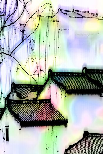 444814-中国风忆江南柳树中式建筑水墨淡彩效