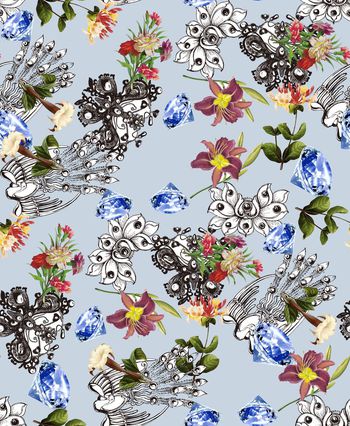 445035-时尚钻石手绘花卉组合趣味印花.