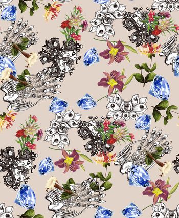 445036-时尚钻石手绘花卉组合趣味印花.