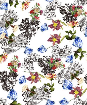 445037-时尚钻石手绘花卉组合趣味印花.