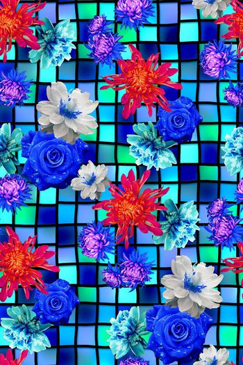 446099-方格纹明艳花卉组合女装连衣裙半身裙