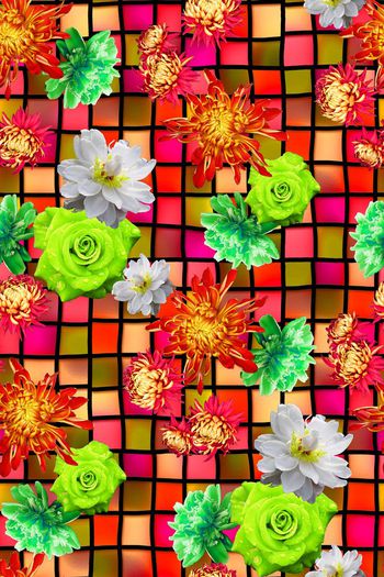 446100-方格纹明艳花卉组合女装连衣裙半身裙