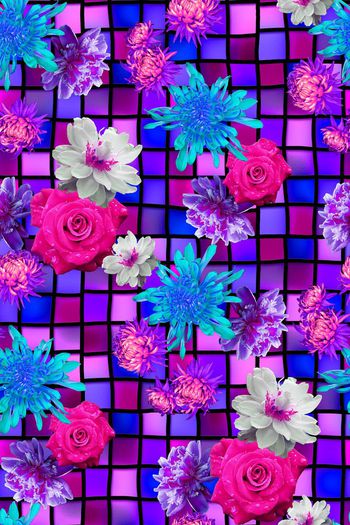 446103-方格纹明艳花卉组合女装连衣裙半身裙