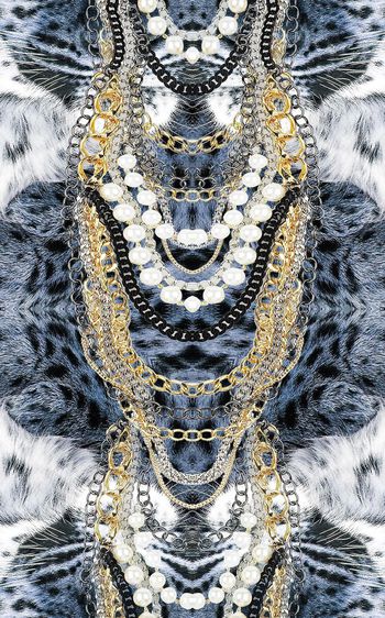 446520-豹纹豹子金属链条珠宝珍珠锁链组合女