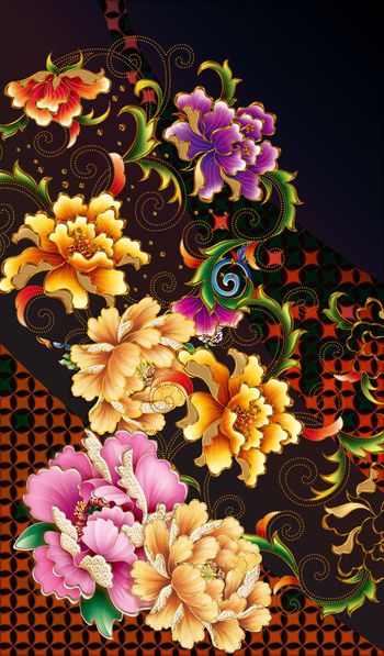 449629-时尚大牌金花边牡丹大花几何拼接