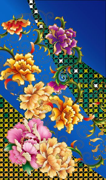 449630-时尚大牌金花边牡丹大花几何拼接