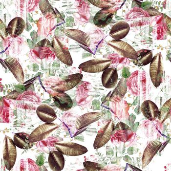 449897-	时尚创意大叶手绘花卉组合印花