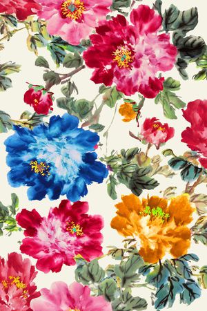 水墨 牡丹 花卉印花华亿平台图片