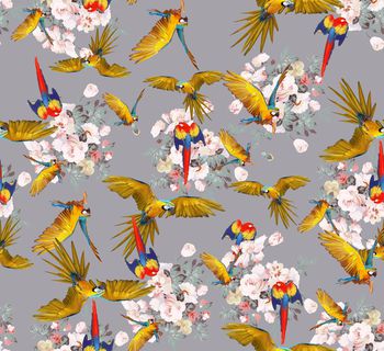 452120-	时尚秋冬鹦鹉手绘花卉组合动物印花
