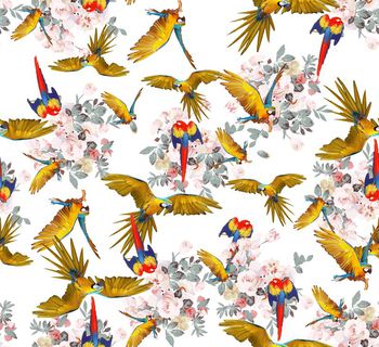 452121-	时尚秋冬鹦鹉手绘花卉组合动物印花