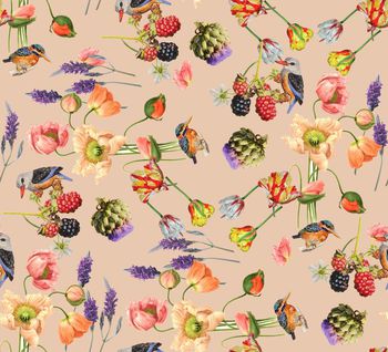 452224-时尚小清新水彩花卉鸟组合印花