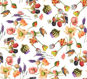 452225-时尚小清新水彩花卉鸟组合印花