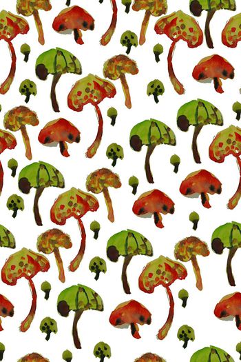 453606-纯原创手绘清新小蘑菇碎花 水墨水彩