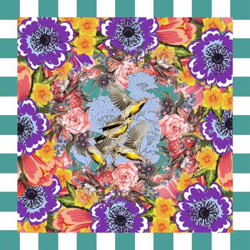 454340-围巾，方巾花鸟印花，传统印花，绣球