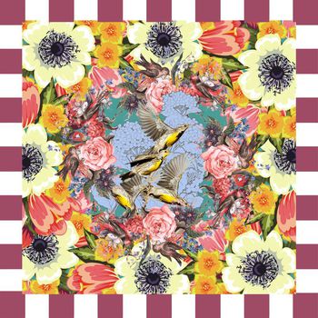 454341-围巾，方巾花鸟印花，传统印花，绣球