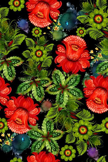 456281-时尚大气大花绿叶墨点混搭满版印花