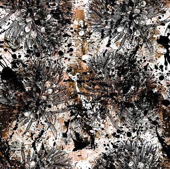 456340-潮酷黑白肌理墨点喷溅勾线花卉组合连