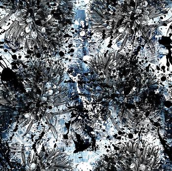 456341-潮酷黑白肌理墨点喷溅勾线花卉组合连