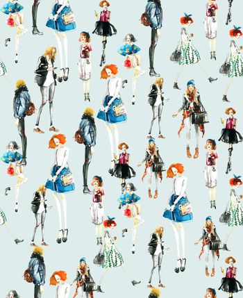 457229-	清新潮流时尚人物插画数码印花