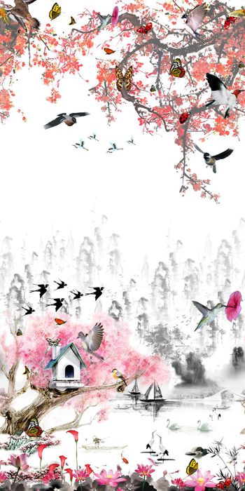 457685-水墨中国风花鸟山峦风景定位