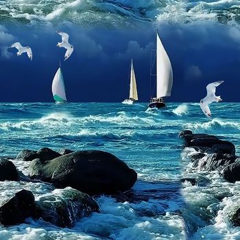 458252-时尚 大牌 水彩 海边 风光 男女