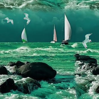 458253-时尚 大牌 水彩 海边 风光 男女