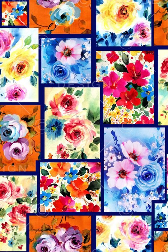 手绘 花卉拼块 组合印花华亿平台图片