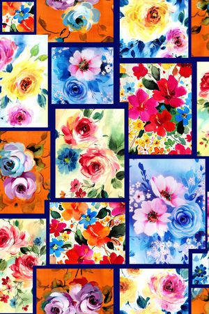 手绘 花卉拼块 组合印花华亿平台图片