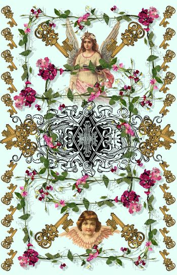 458937-欧式花纹钥匙天使花卉组合女装连衣裙