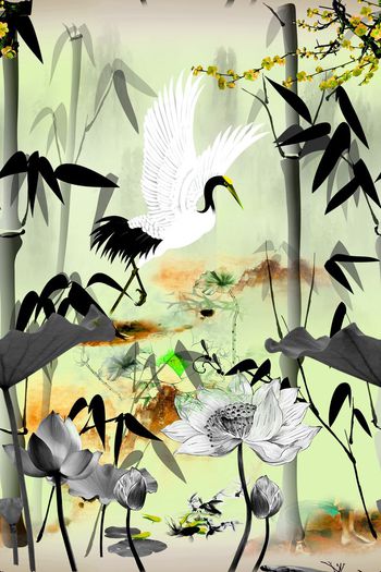 459133-中国风 水墨 山水 竹子 荷叶 鹤