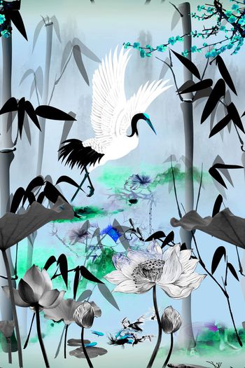 459134-中国风 水墨 山水 竹子 荷叶 鹤