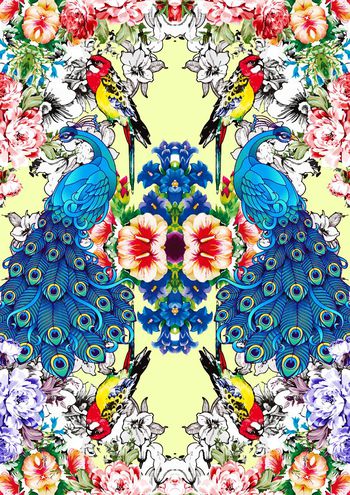 459510-中国风花鸟世界牡丹孔雀组合女装连衣