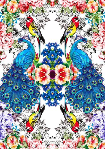 459511-中国风花鸟世界牡丹孔雀组合女装连衣