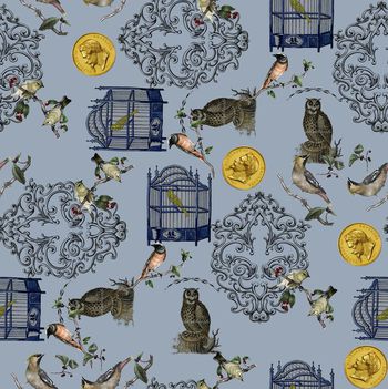 459684-时尚秋冬复古花纹动物鸟组合印花