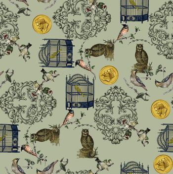 459685-时尚秋冬复古花纹动物鸟组合印花