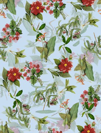 460380-	时尚复古手绘花卉流动数码印花