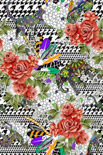 461375-手绘玫瑰花卉羽毛民族风动物千鸟格布