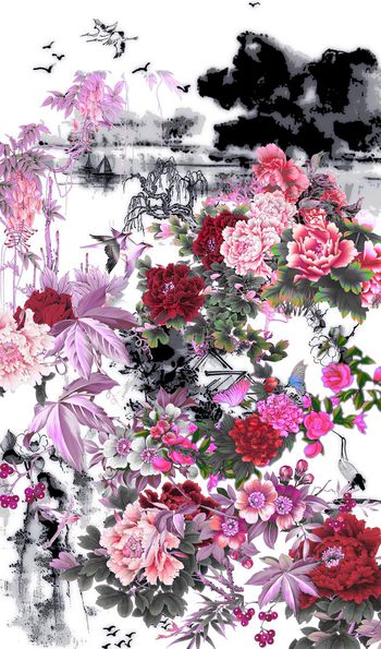 461510-中国风变调国画水墨花卉牡丹花鸟女装