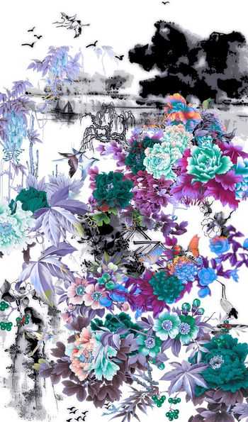 461511-中国风变调国画水墨花卉牡丹花鸟女装