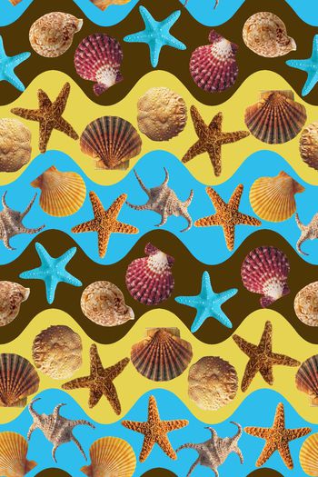 461748-时尚大牌满版海星贝壳海浪沙滩色系背