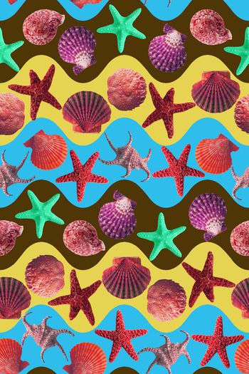 461749-时尚大牌满版海星贝壳海浪沙滩色系背