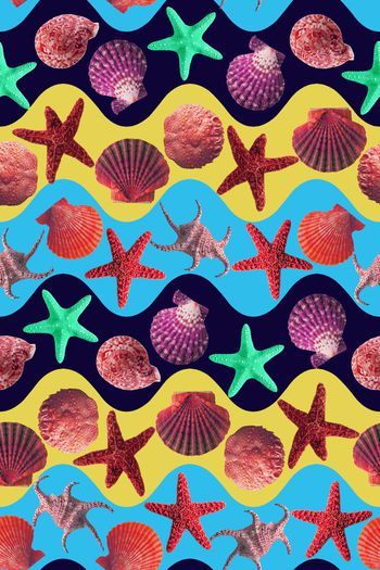 461750-时尚大牌满版海星贝壳海浪沙滩色系背