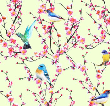 461764-中国风田民族时尚桃花鸟雀印花