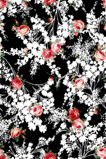 461908-黑白剪影折枝玫瑰花卉女装连衣裙衬衣