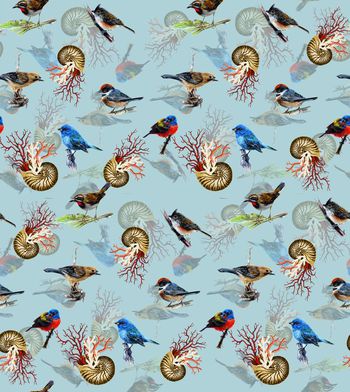 462288-时尚复古水彩鸟贝壳珊瑚数码印花