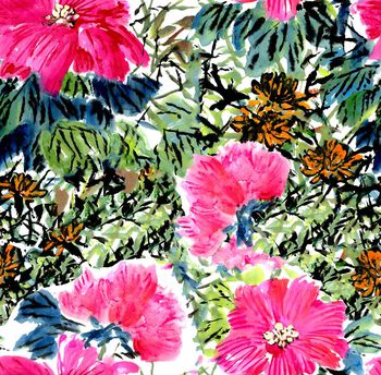 462817-绿肥红瘦 传统毛笔手绘 抽象花朵 