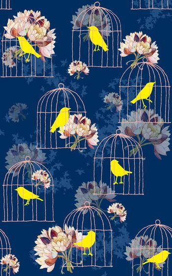 463078-时尚水彩花卉与鸟笼华亿平台