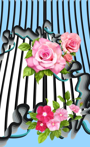 463093-	时尚大牌定位流动立体条纹手绘玫瑰