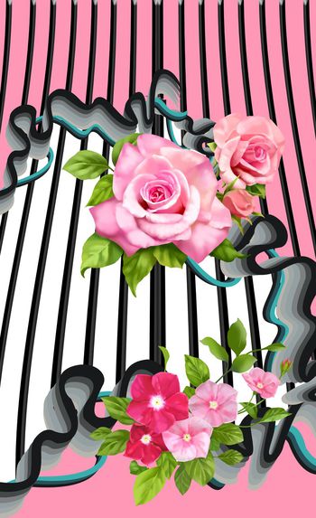 463094-	时尚大牌定位流动立体条纹手绘玫瑰