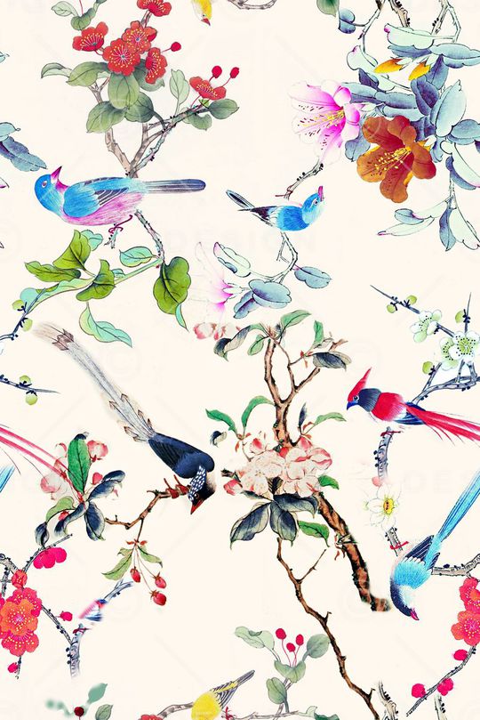 工笔花鸟印花华亿平台图片